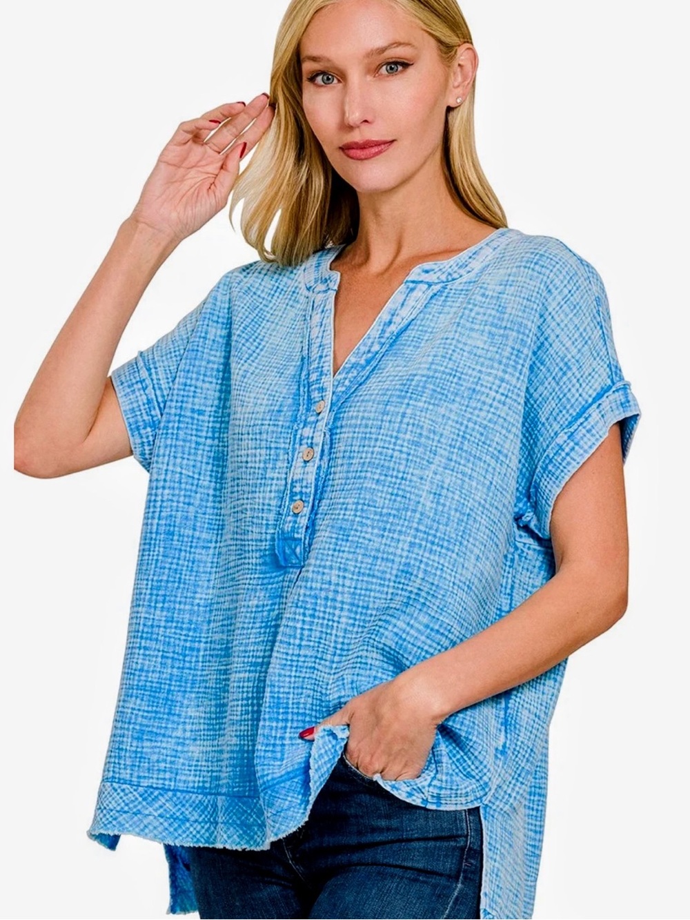 Zenana Outfitters Sky Blue Cotton Gauze Henley Top